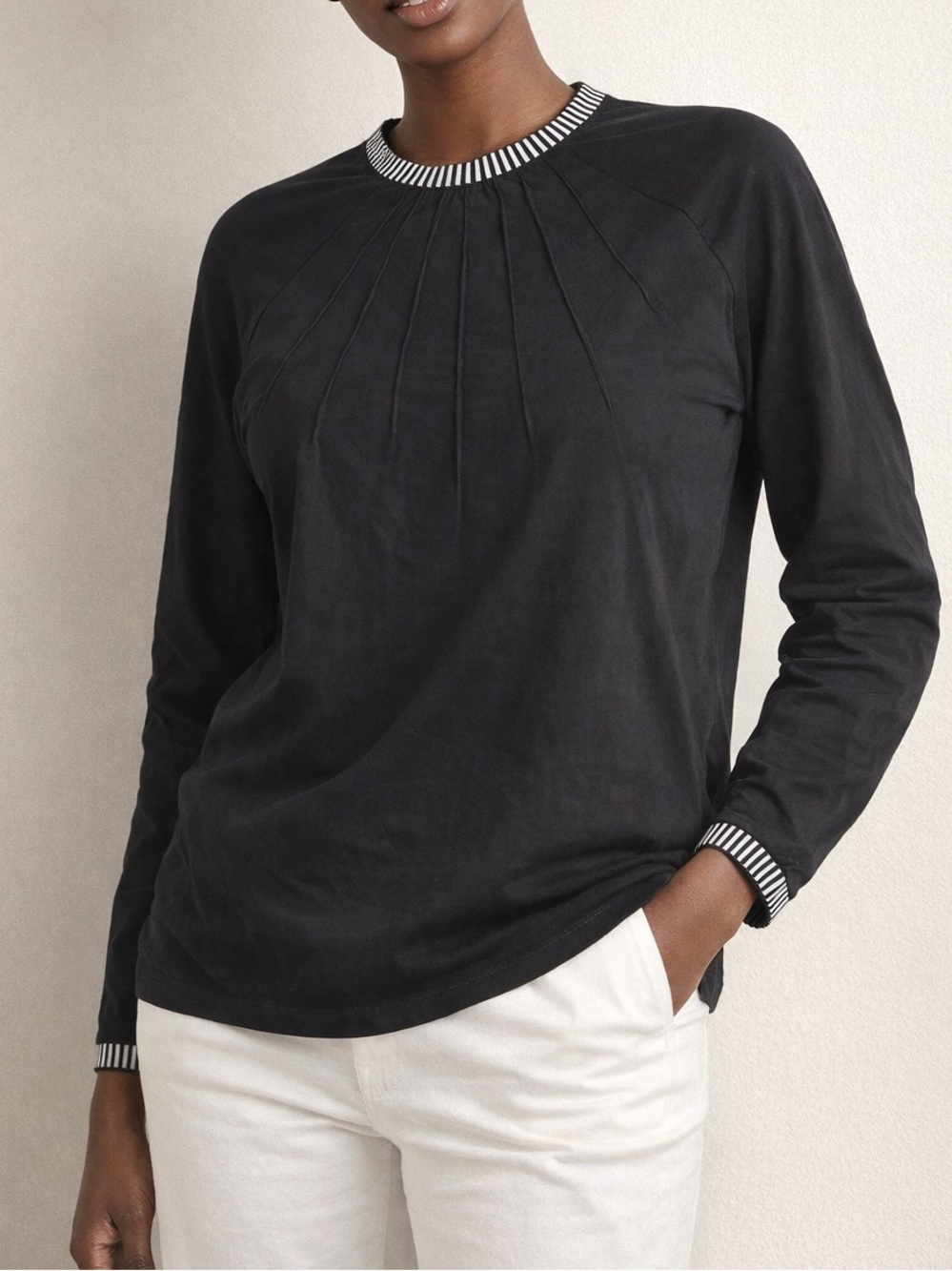 Long-Sleeve crew neck Top with Striped Trim